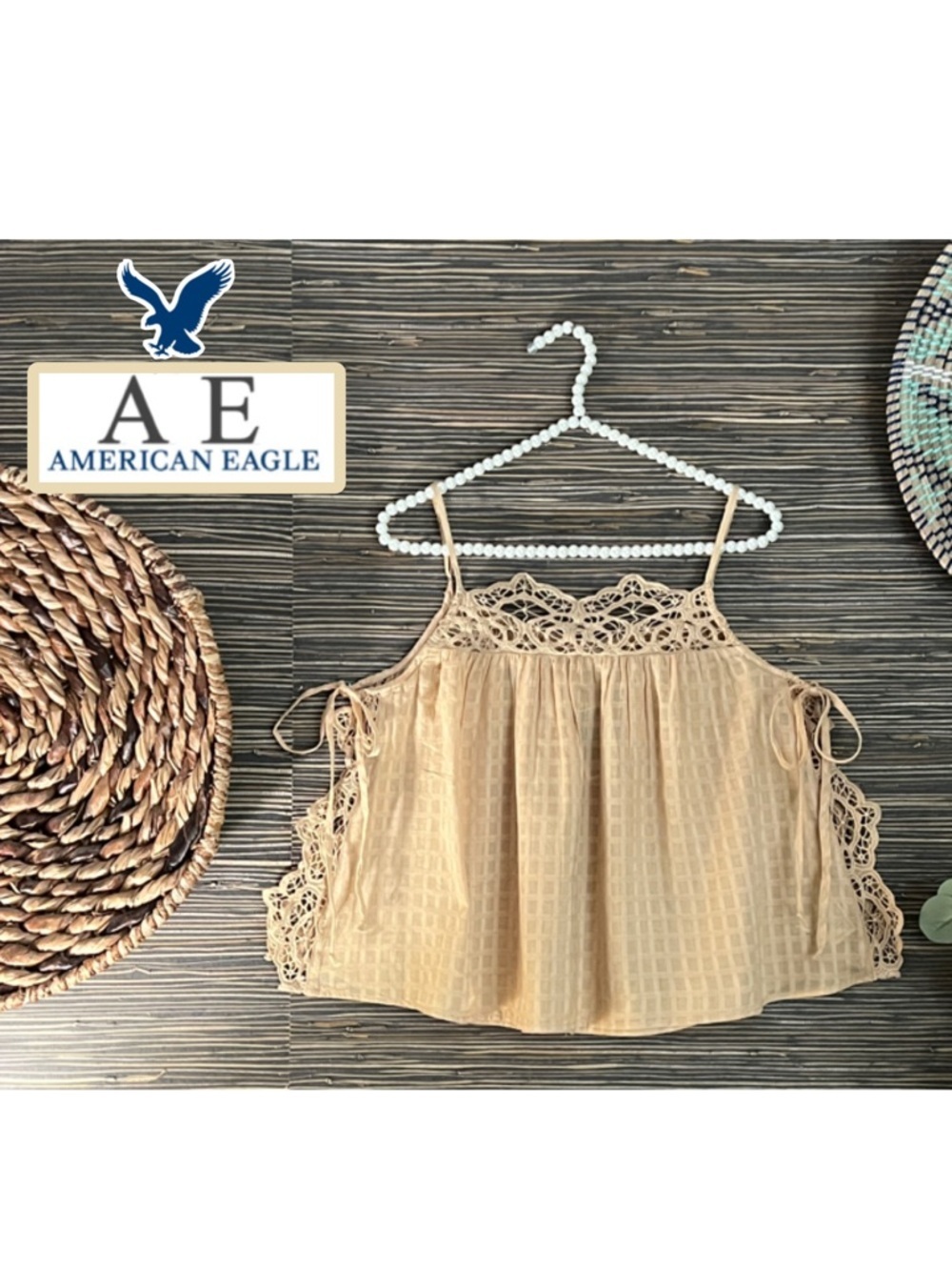 NWT American Eagle Peach Tan Gingham Crochet Lace Side Tie Tank Top Shirt Size S